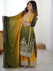 Stunning Yellow Thread Embroidered Chinon Festive Wear Sharara Suit