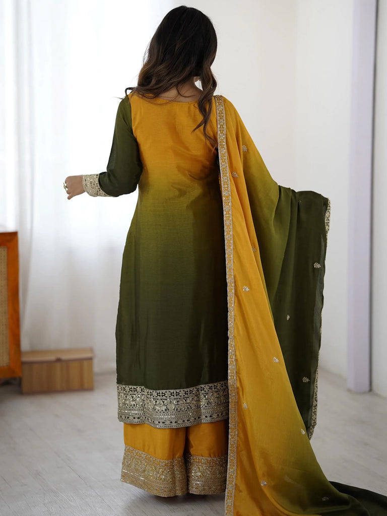 Stunning Yellow Thread Embroidered Chinon Festive Wear Sharara Suit