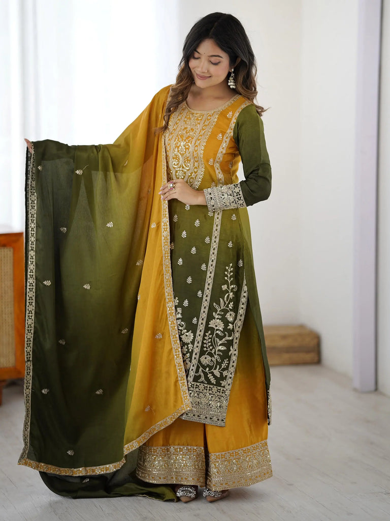 Stunning Yellow Thread Embroidered Chinon Festive Wear Sharara Suit