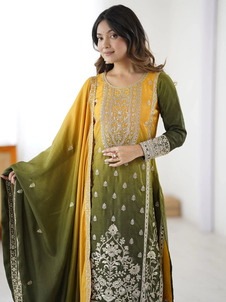 Stunning Yellow Thread Embroidered Chinon Festive Wear Sharara Suit