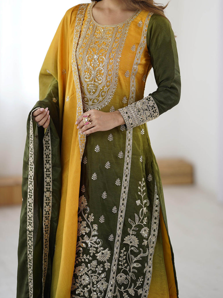 Stunning Yellow Thread Embroidered Chinon Festive Wear Sharara Suit