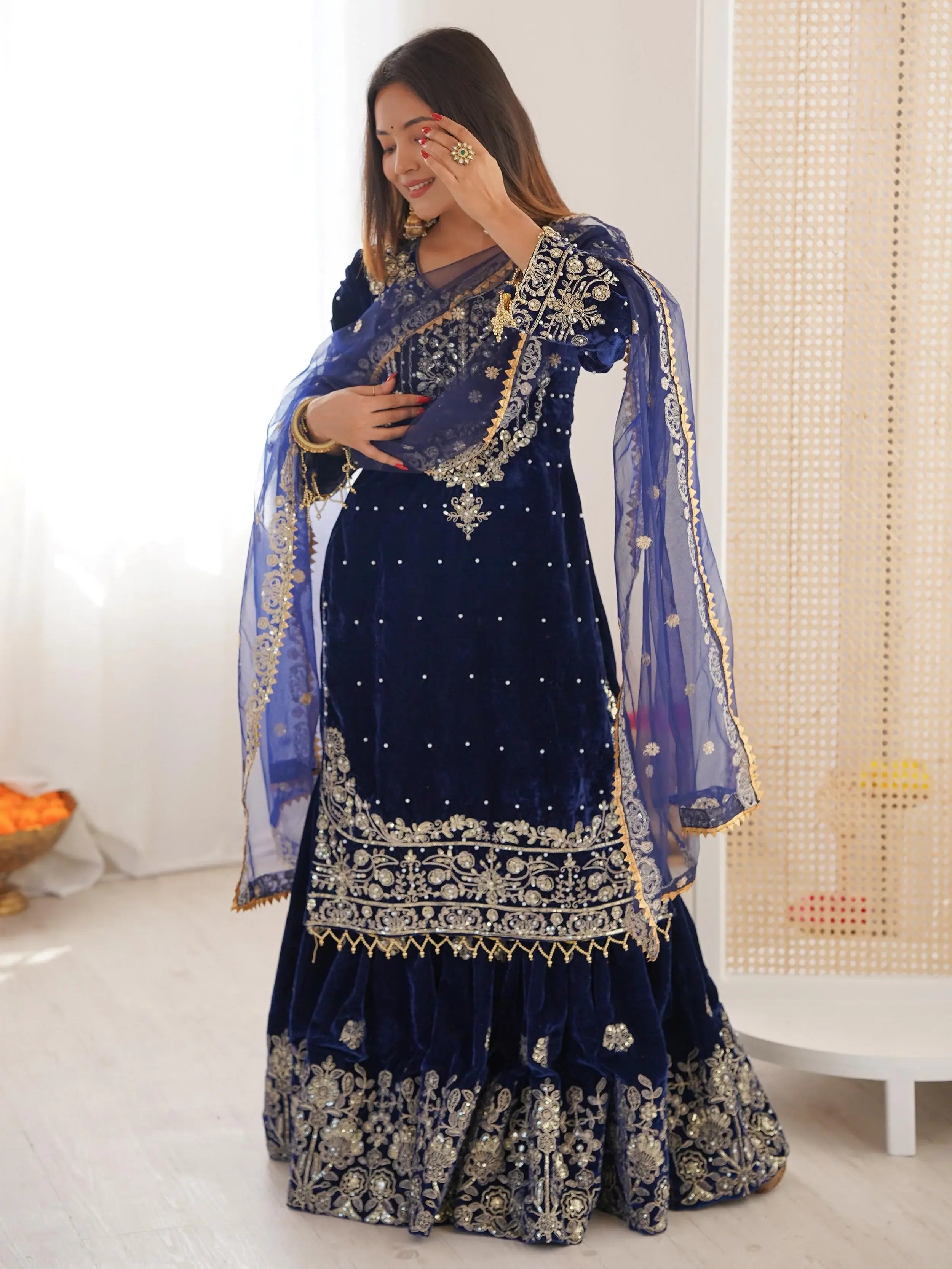 Lovely Blue Dori Work Velvet Festival Wear Sharara Suit With Dupatta