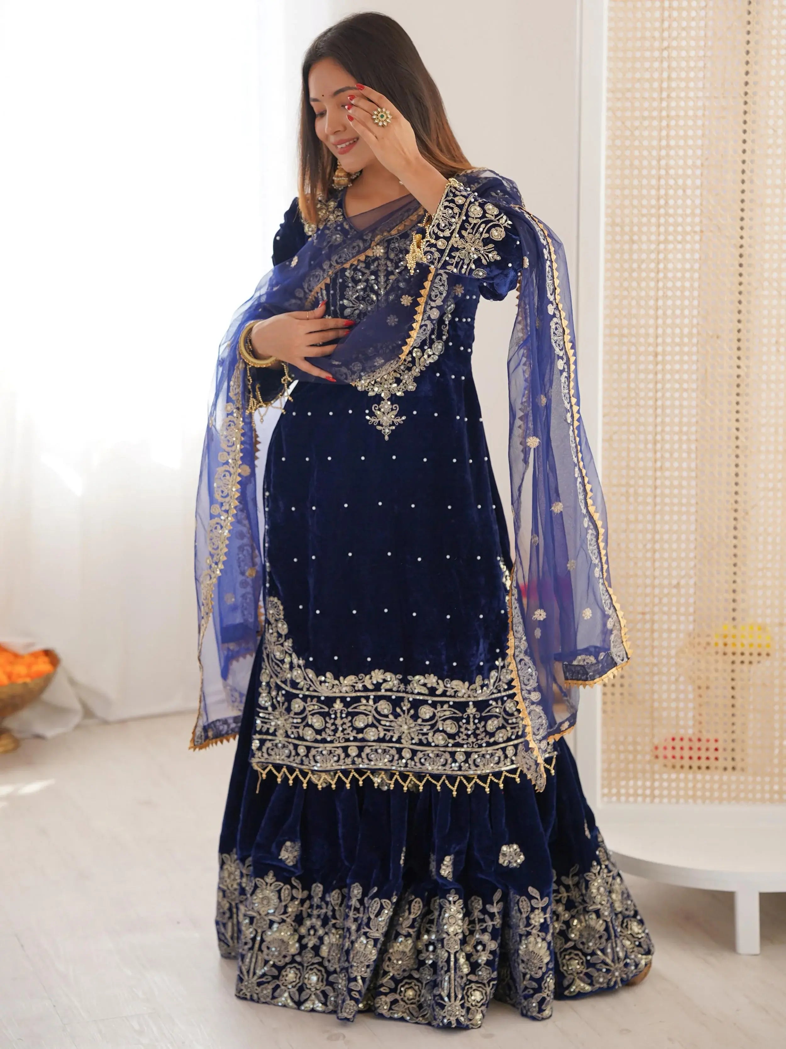 Lovely Blue Dori Work Velvet Festival Wear Sharara Suit With Dupatta