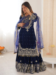 Lovely Blue Dori Work Velvet Festival Wear Sharara Suit With Dupatta