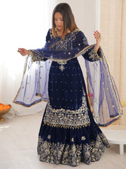 Lovely Blue Dori Work Velvet Festival Wear Sharara Suit With Dupatta