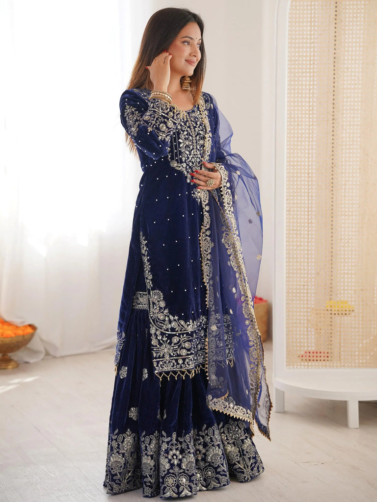 Lovely Blue Dori Work Velvet Festival Wear Sharara Suit With Dupatta