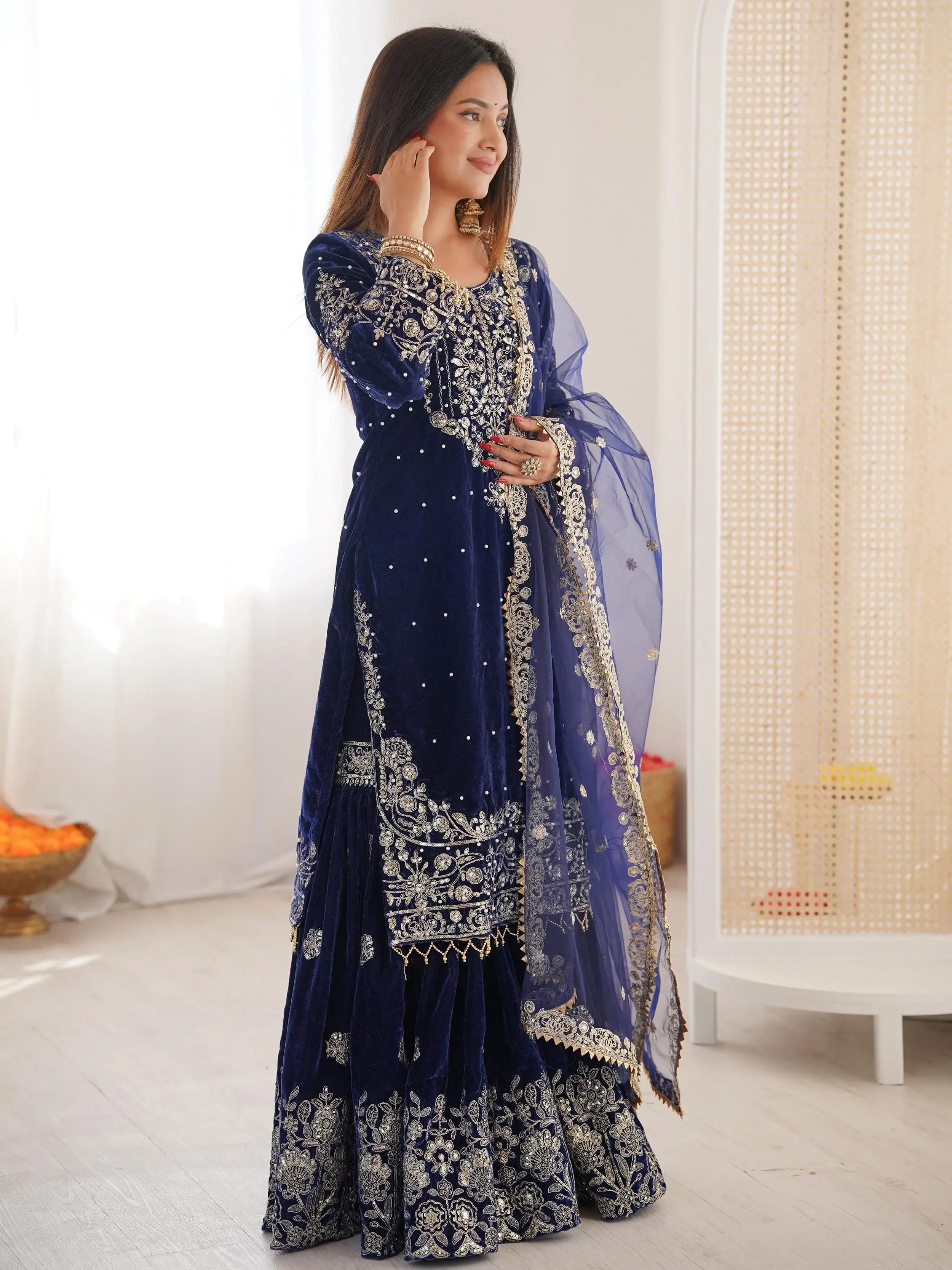 Lovely Blue Dori Work Velvet Festival Wear Sharara Suit With Dupatta