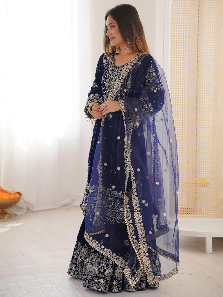 Lovely Blue Dori Work Velvet Festival Wear Sharara Suit With Dupatta
