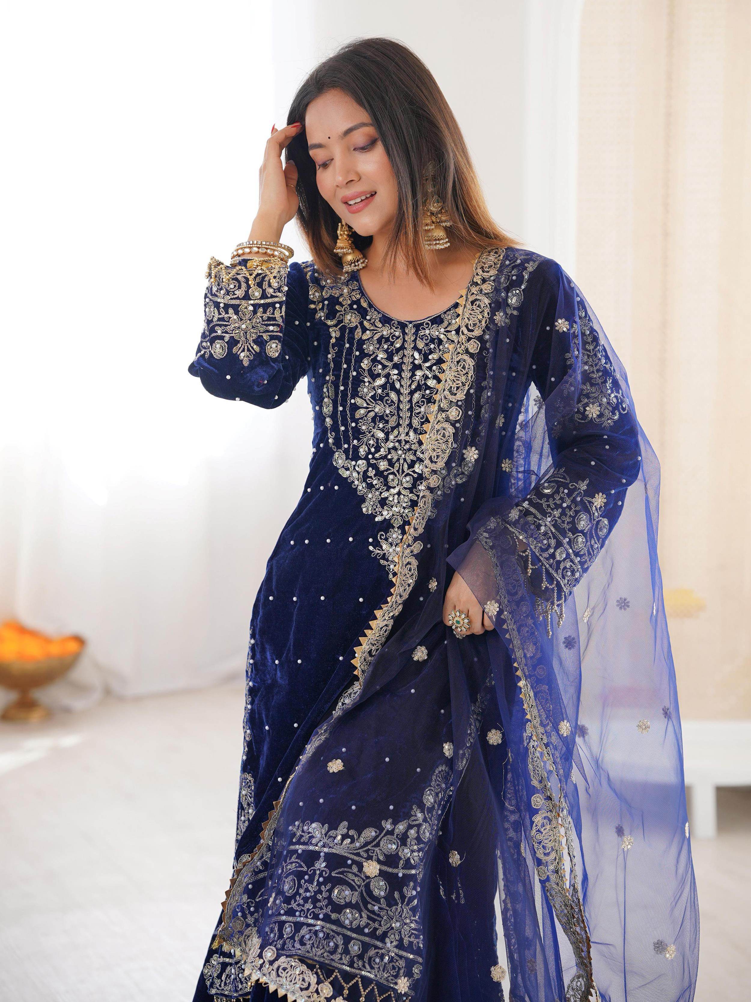 Lovely Blue Dori Work Velvet Festival Wear Sharara Suit With Dupatta