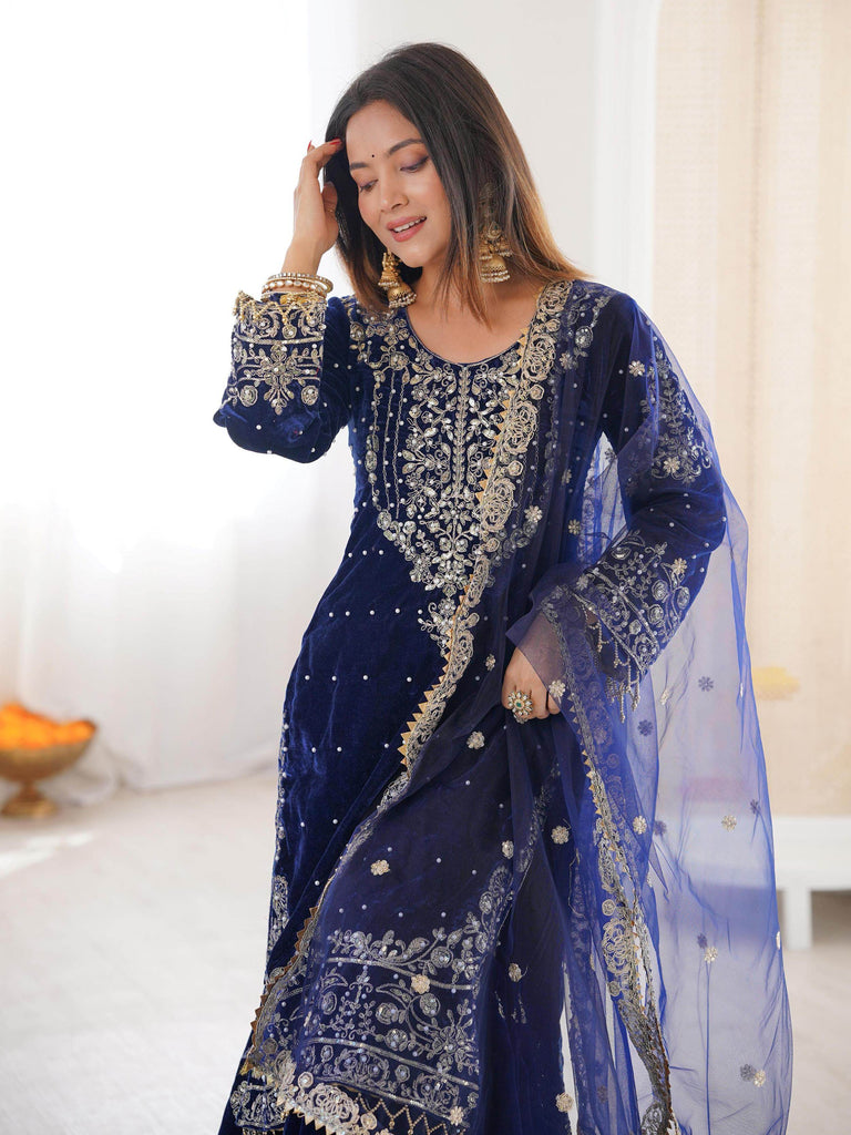 Lovely Blue Dori Work Velvet Festival Wear Sharara Suit With Dupatta