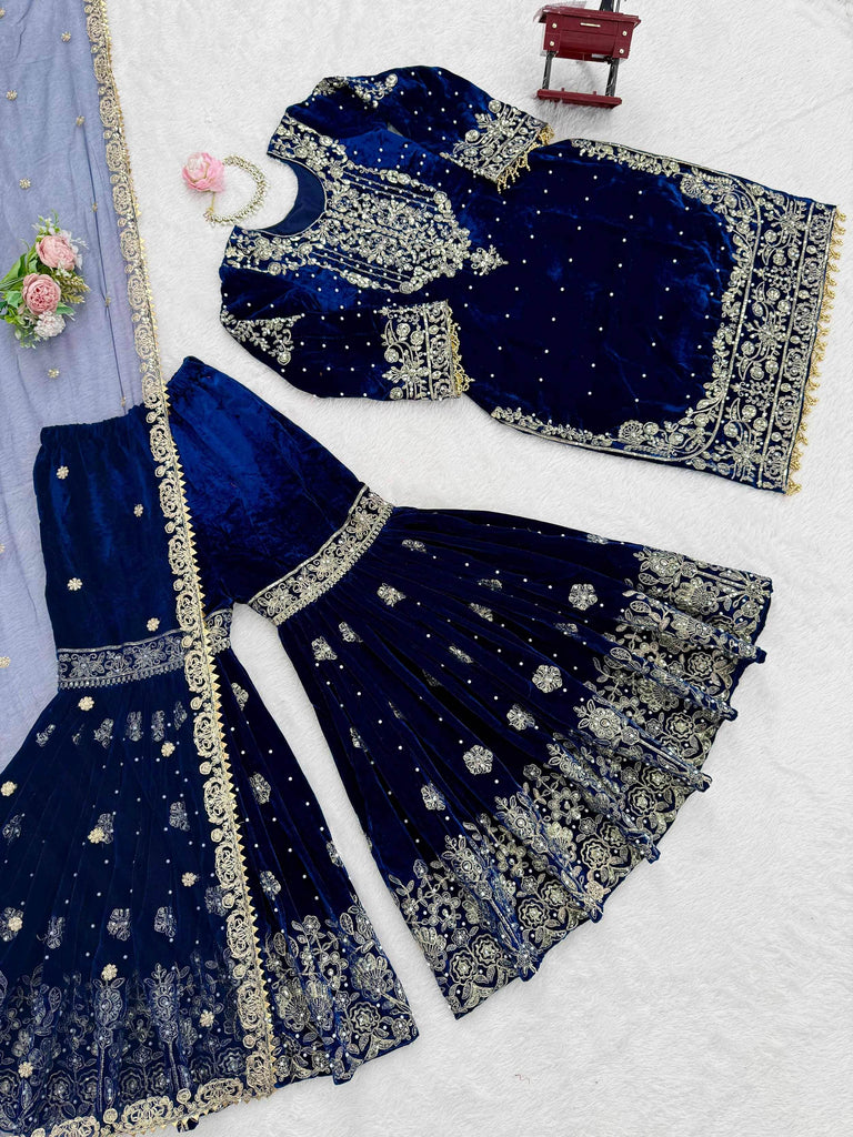 Lovely Blue Dori Work Velvet Festival Wear Sharara Suit With Dupatta