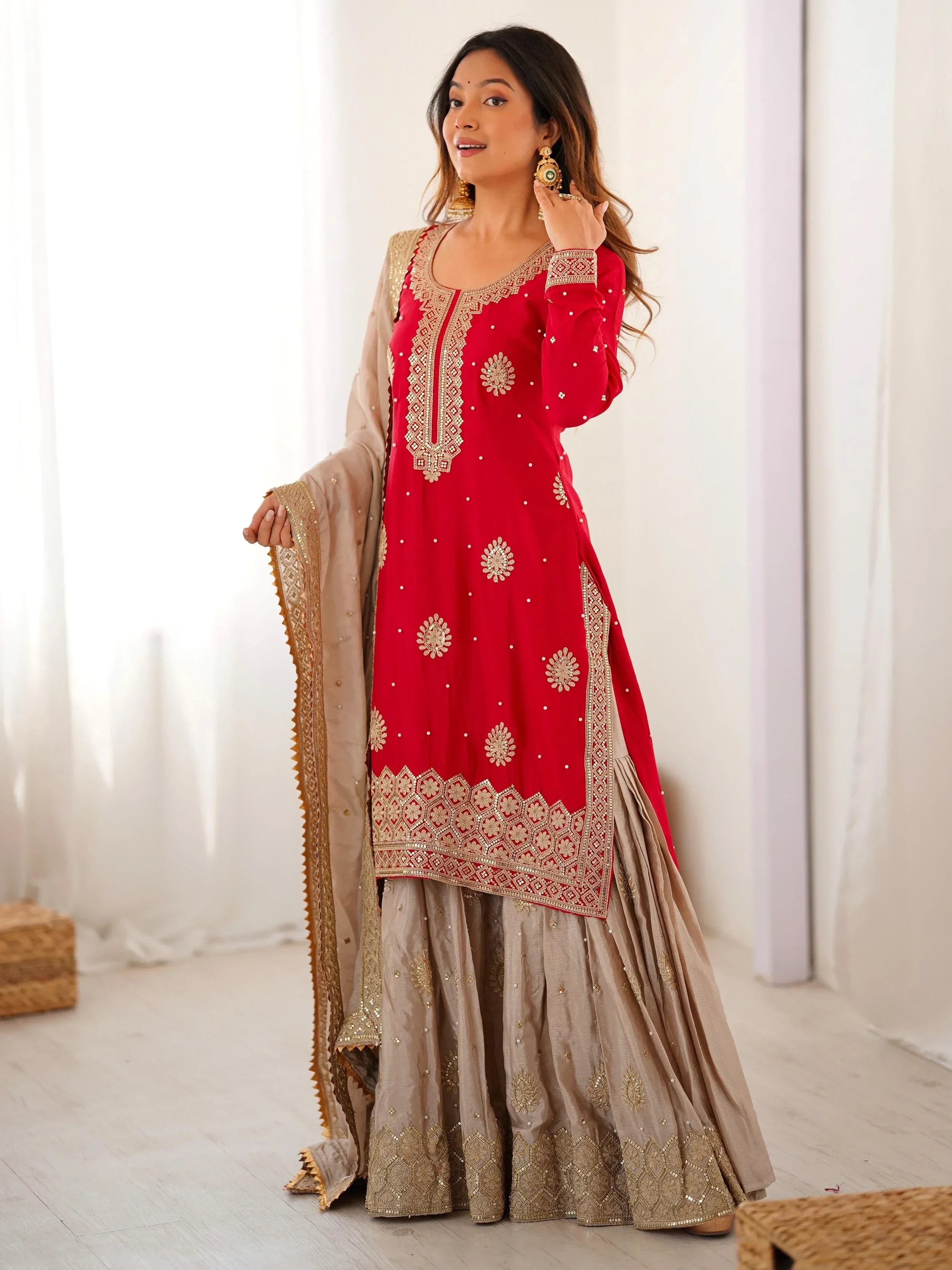 Gorgeous Red Embroidered Silk Festival Wear Sharara Suit With Dupatta