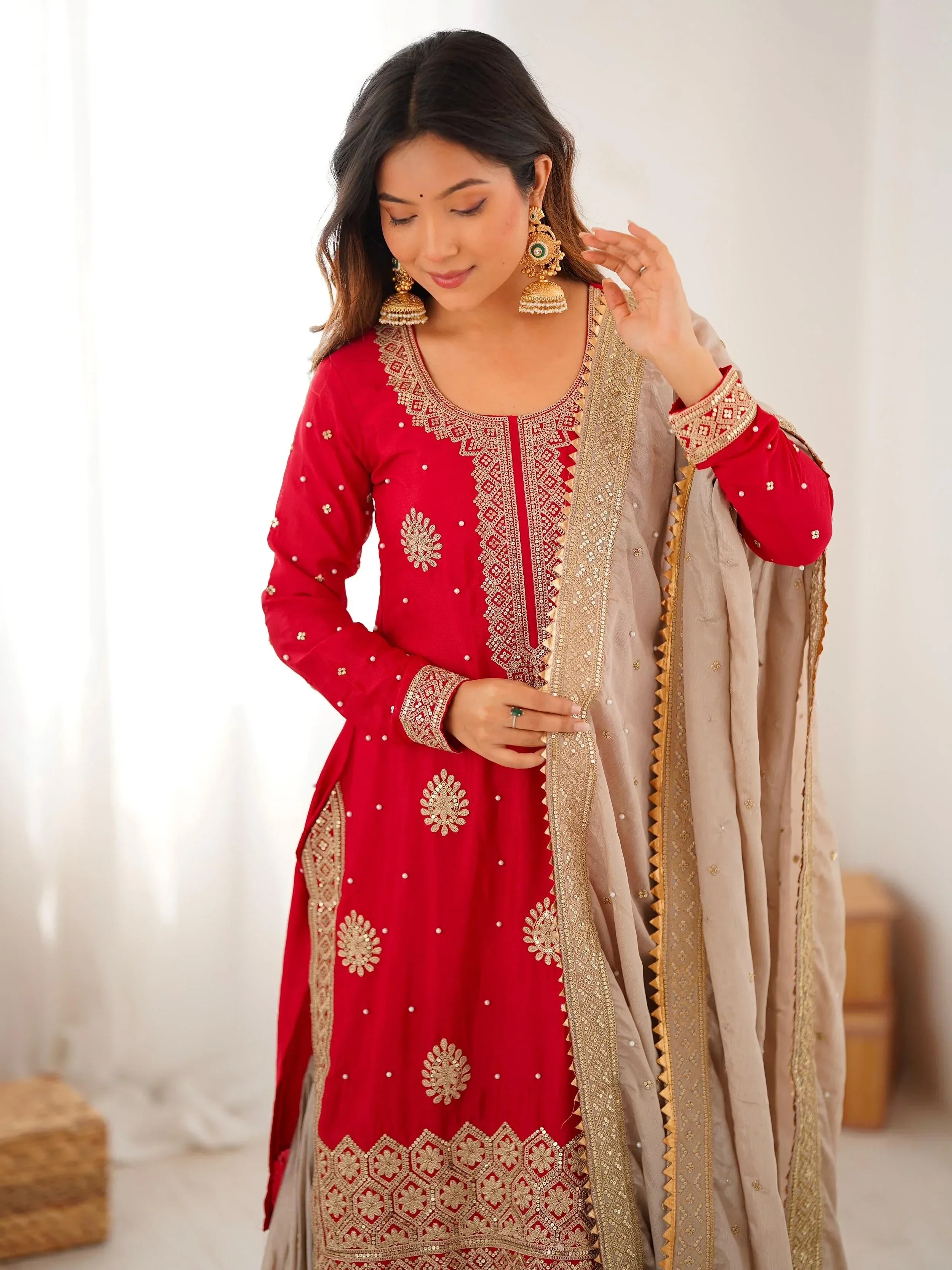 Gorgeous Red Embroidered Silk Festival Wear Sharara Suit With Dupatta