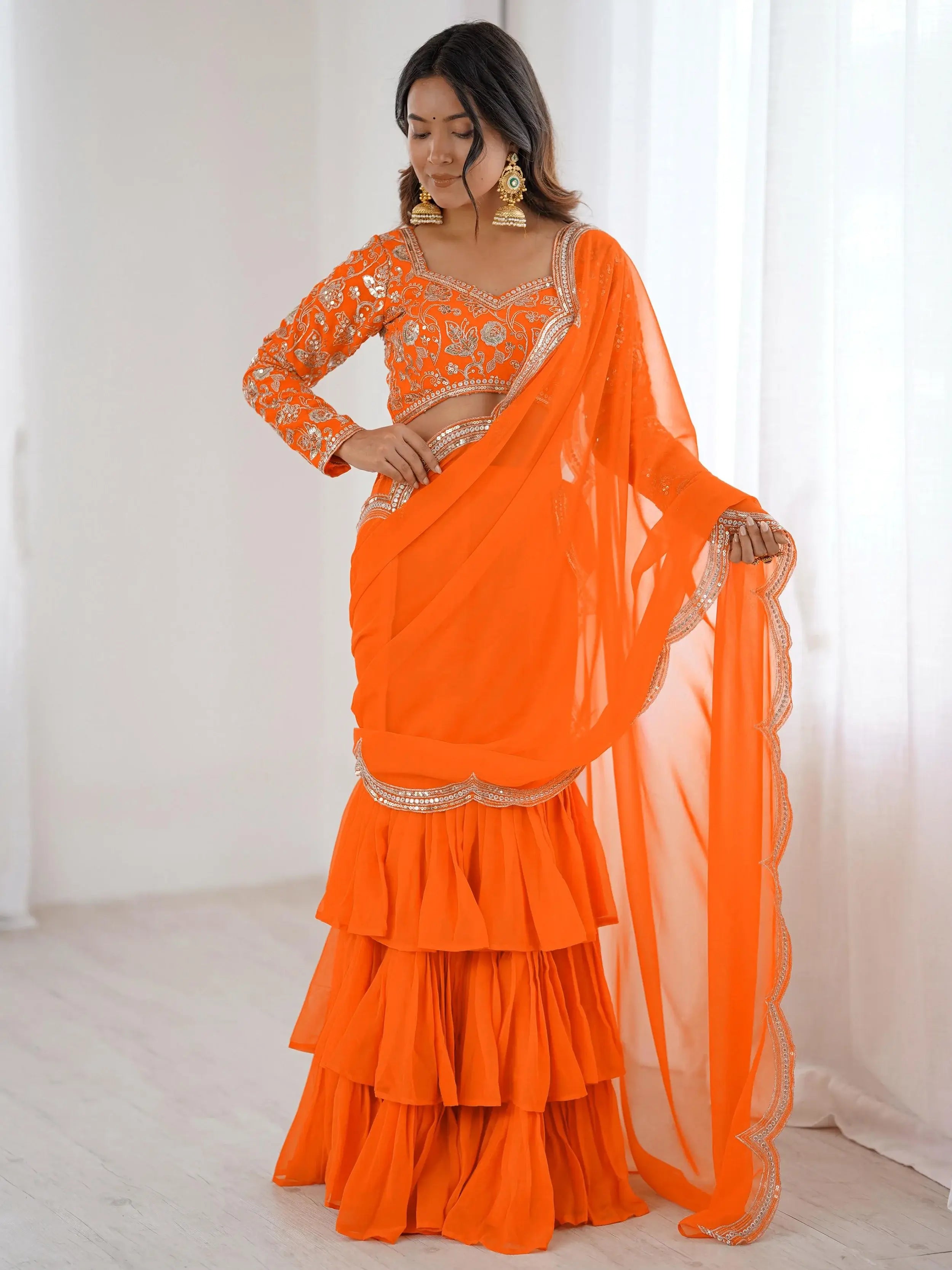 Graceful Orange Sequins Georgette Festival Wear Lehenga Saree