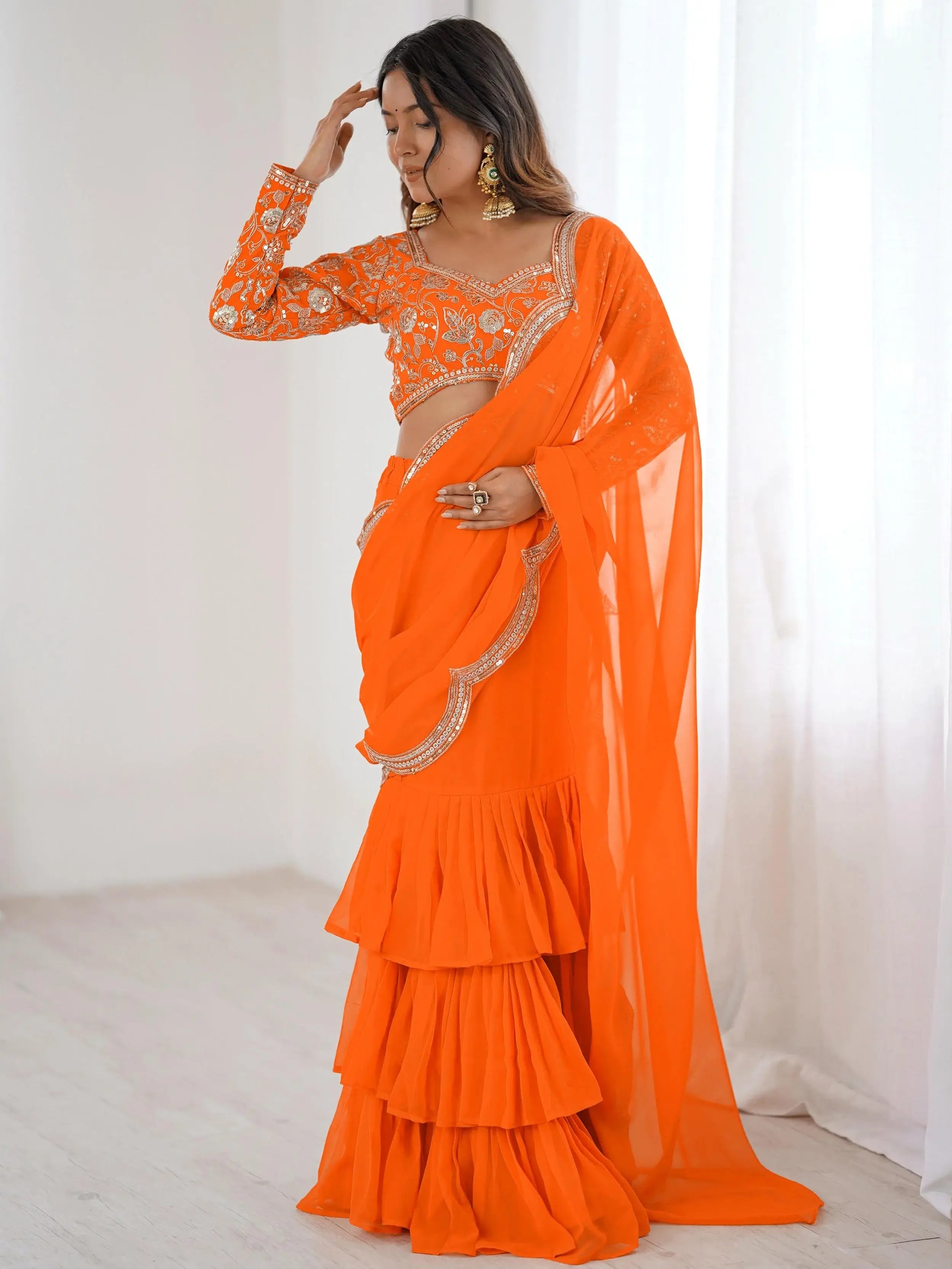 Graceful Orange Sequins Georgette Festival Wear Lehenga Saree