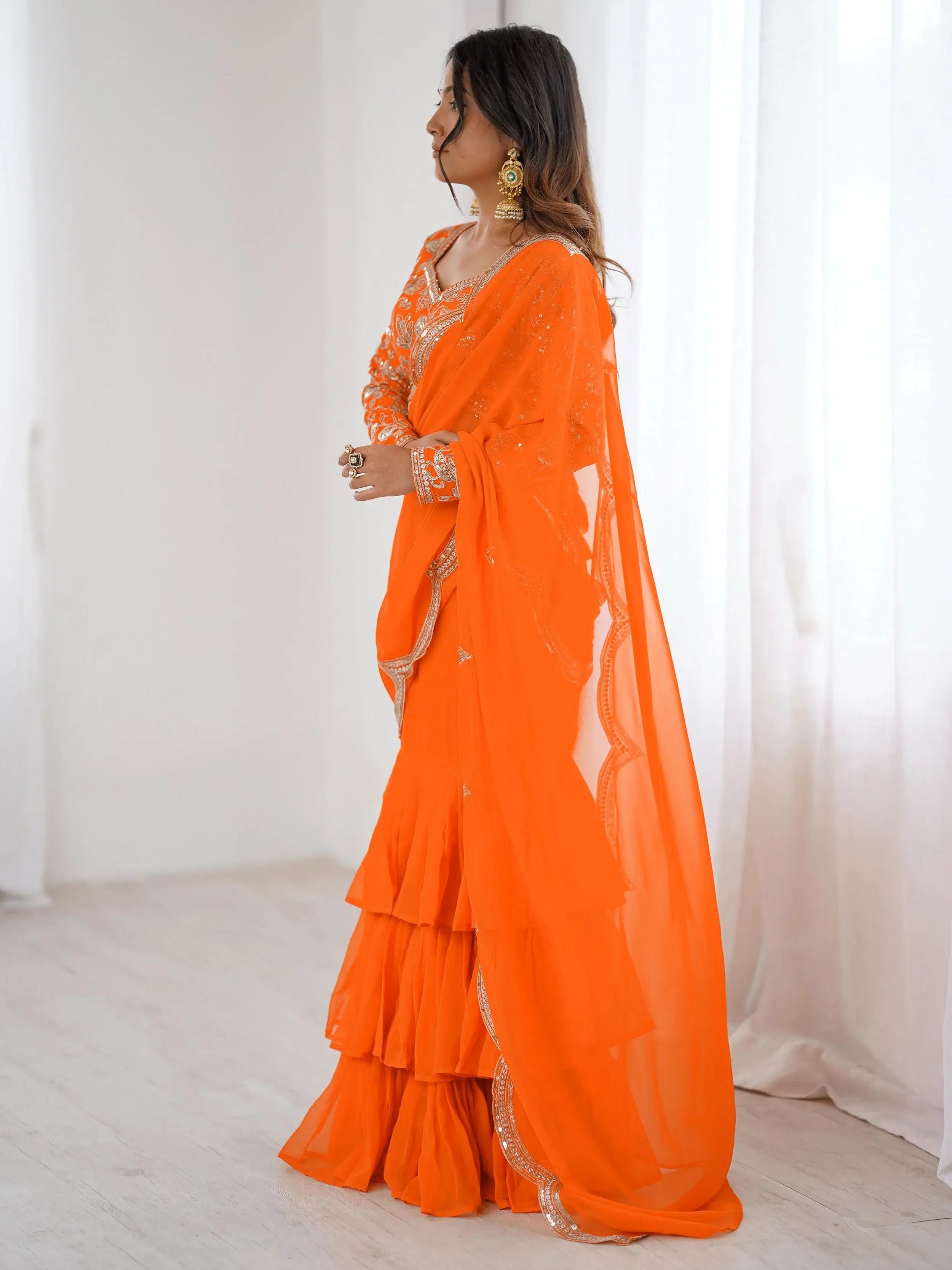 Graceful Orange Sequins Georgette Festival Wear Lehenga Saree