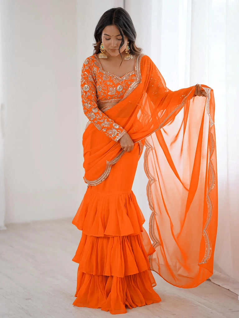 Graceful Orange Sequins Georgette Festival Wear Lehenga Saree