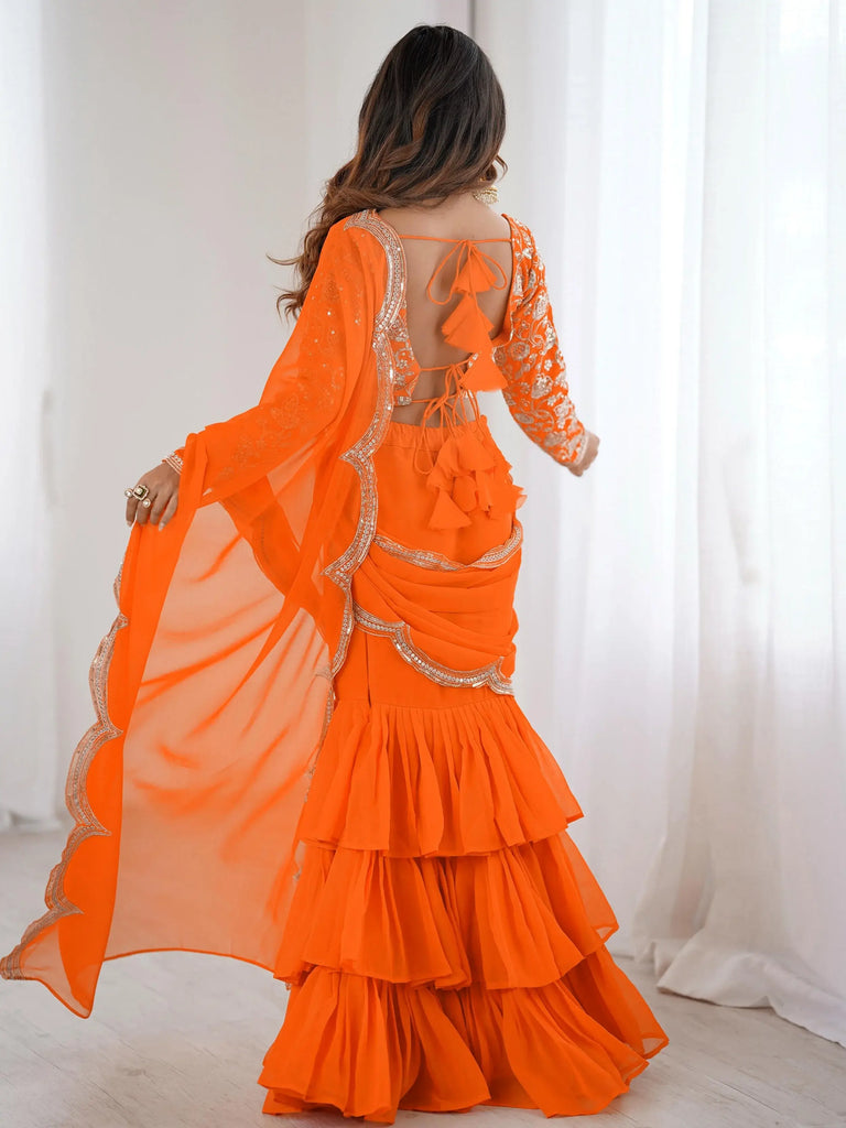 Graceful Orange Sequins Georgette Festival Wear Lehenga Saree