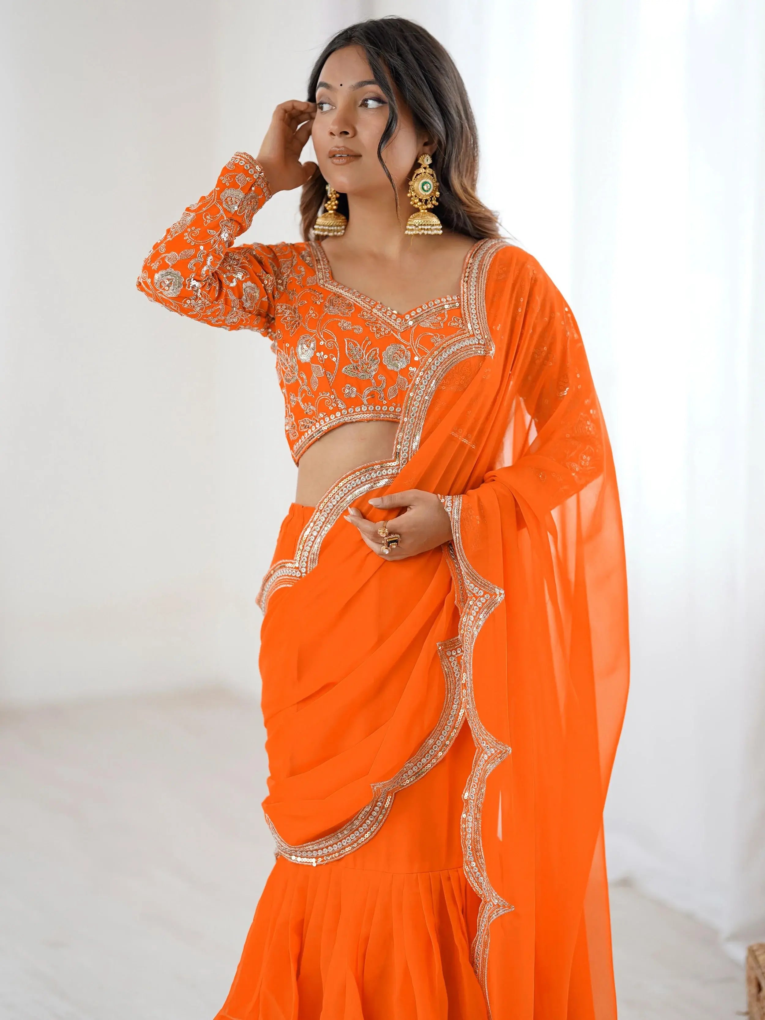 Graceful Orange Sequins Georgette Festival Wear Lehenga Saree