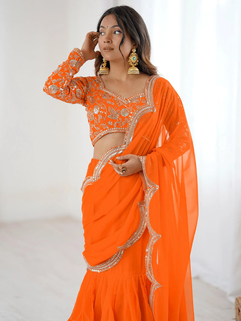 Graceful Orange Sequins Georgette Festival Wear Lehenga Saree