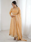 Elegant Beige Embroidered Silk Festive Wear Gown With Dupatta 