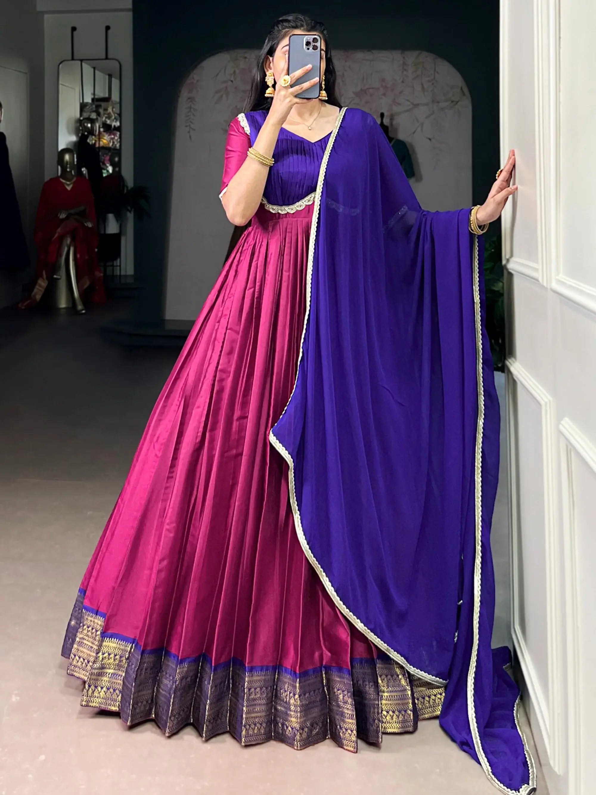 Precious Pink Zari Weaving Silk Festive Wear Gown With Dupatta 