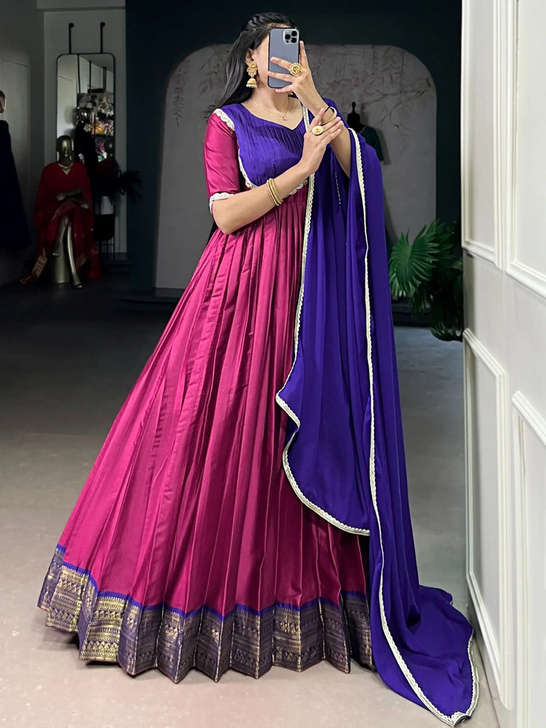 Precious Pink Zari Weaving Silk Festive Wear Gown With Dupatta 