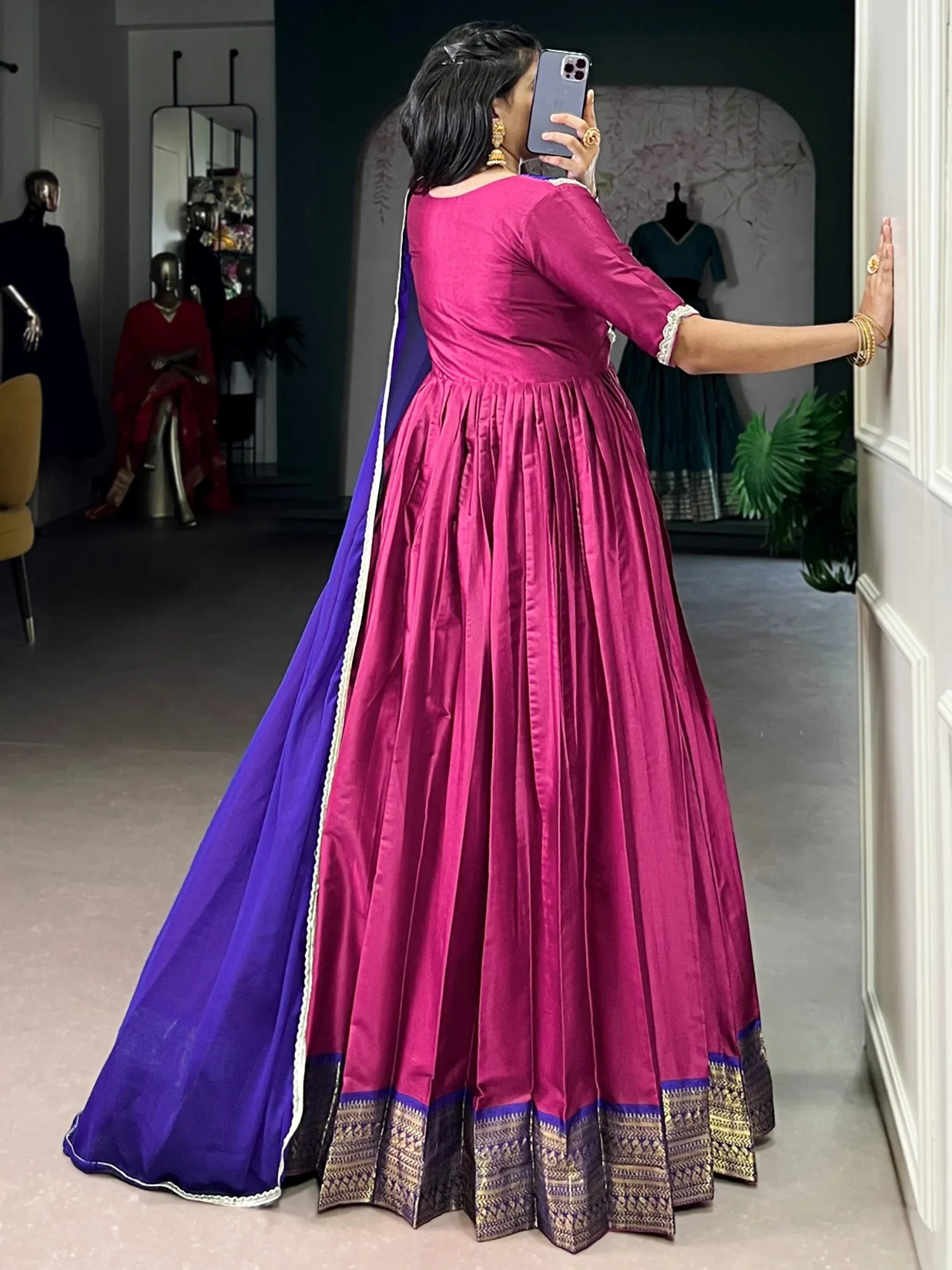 Precious Pink Zari Weaving Silk Festive Wear Gown With Dupatta 