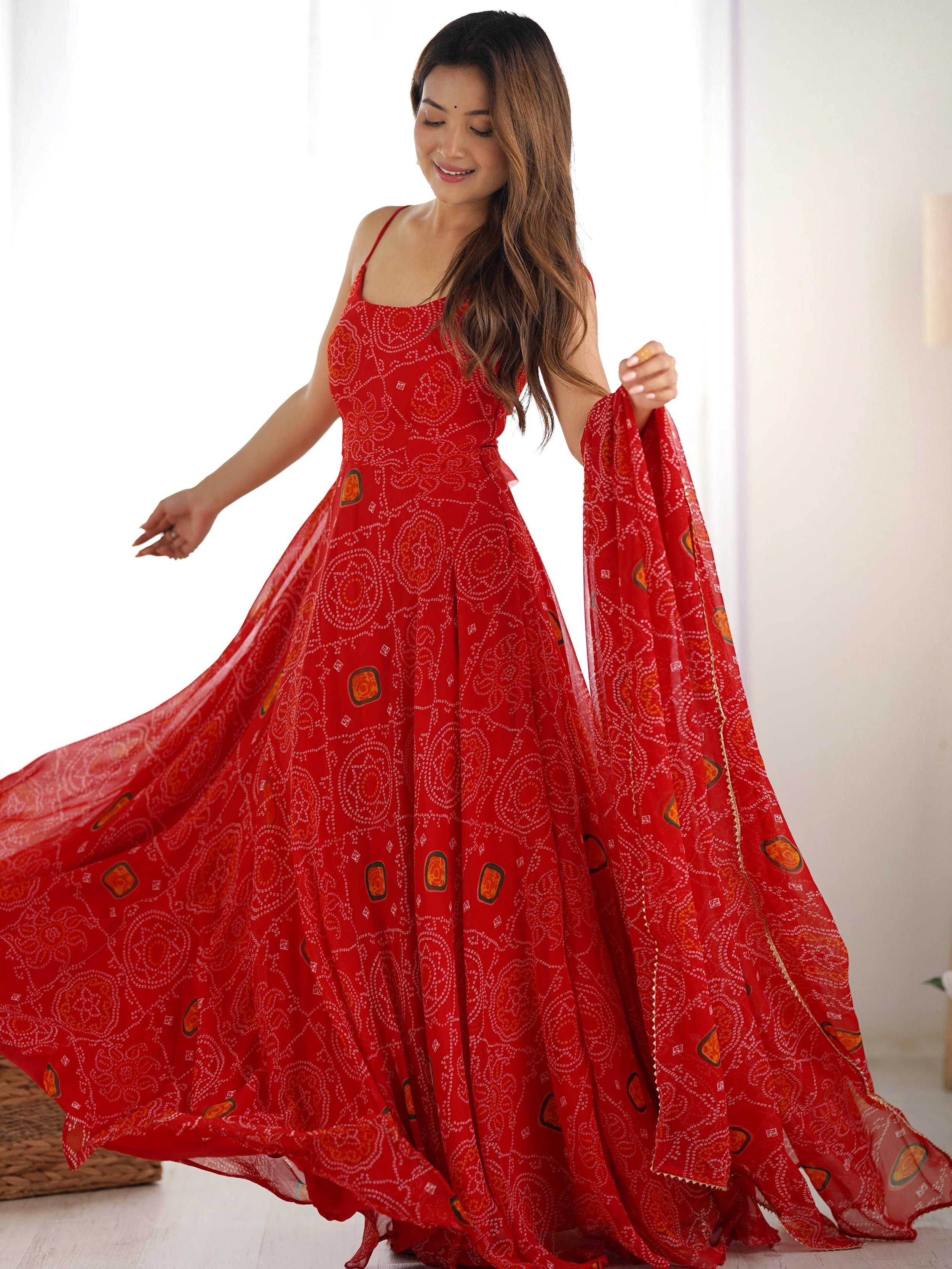 Awesome Red Bandhani Printed Chiffon Anarkali Gown With Dupatta