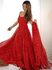 Awesome Red Bandhani Printed Chiffon Anarkali Gown With Dupatta