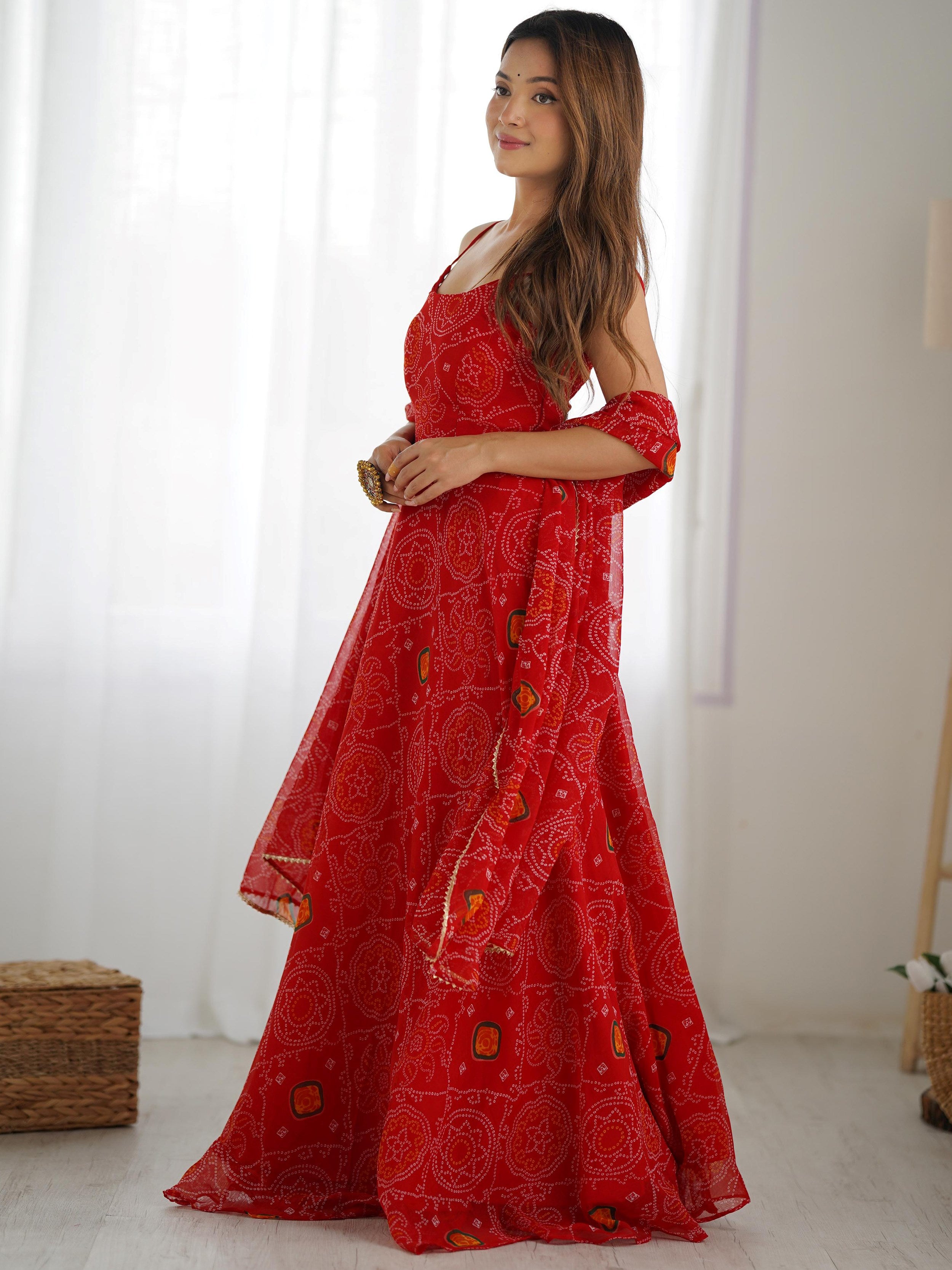 Awesome Red Bandhani Printed Chiffon Anarkali Gown With Dupatta