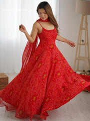 Awesome Red Bandhani Printed Chiffon Anarkali Gown With Dupatta