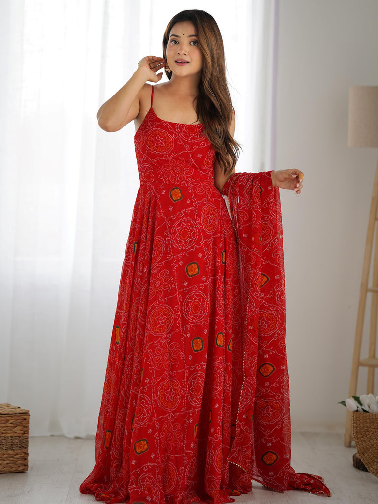 Awesome Red Bandhani Printed Chiffon Anarkali Gown With Dupatta