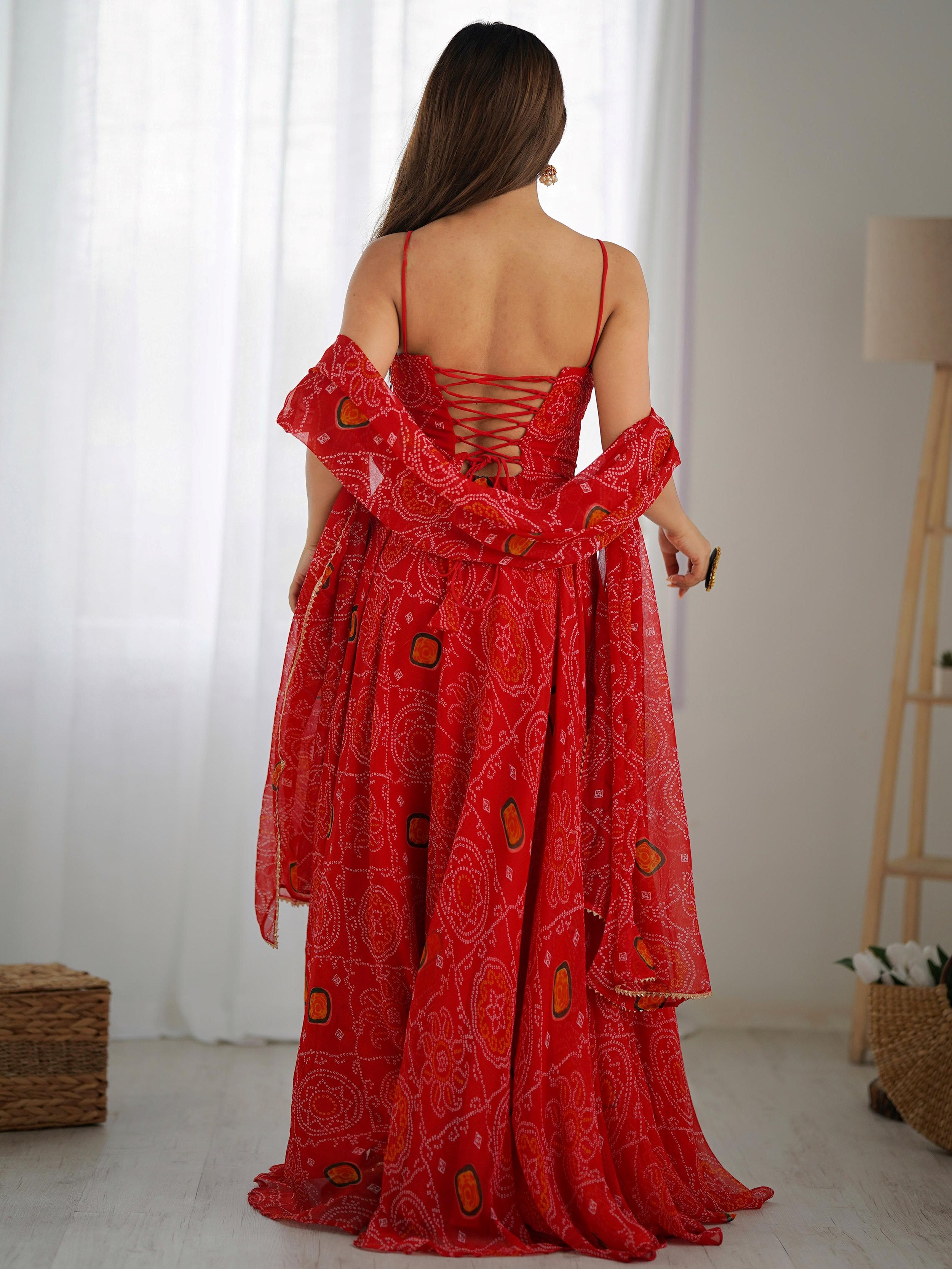 Awesome Red Bandhani Printed Chiffon Anarkali Gown With Dupatta