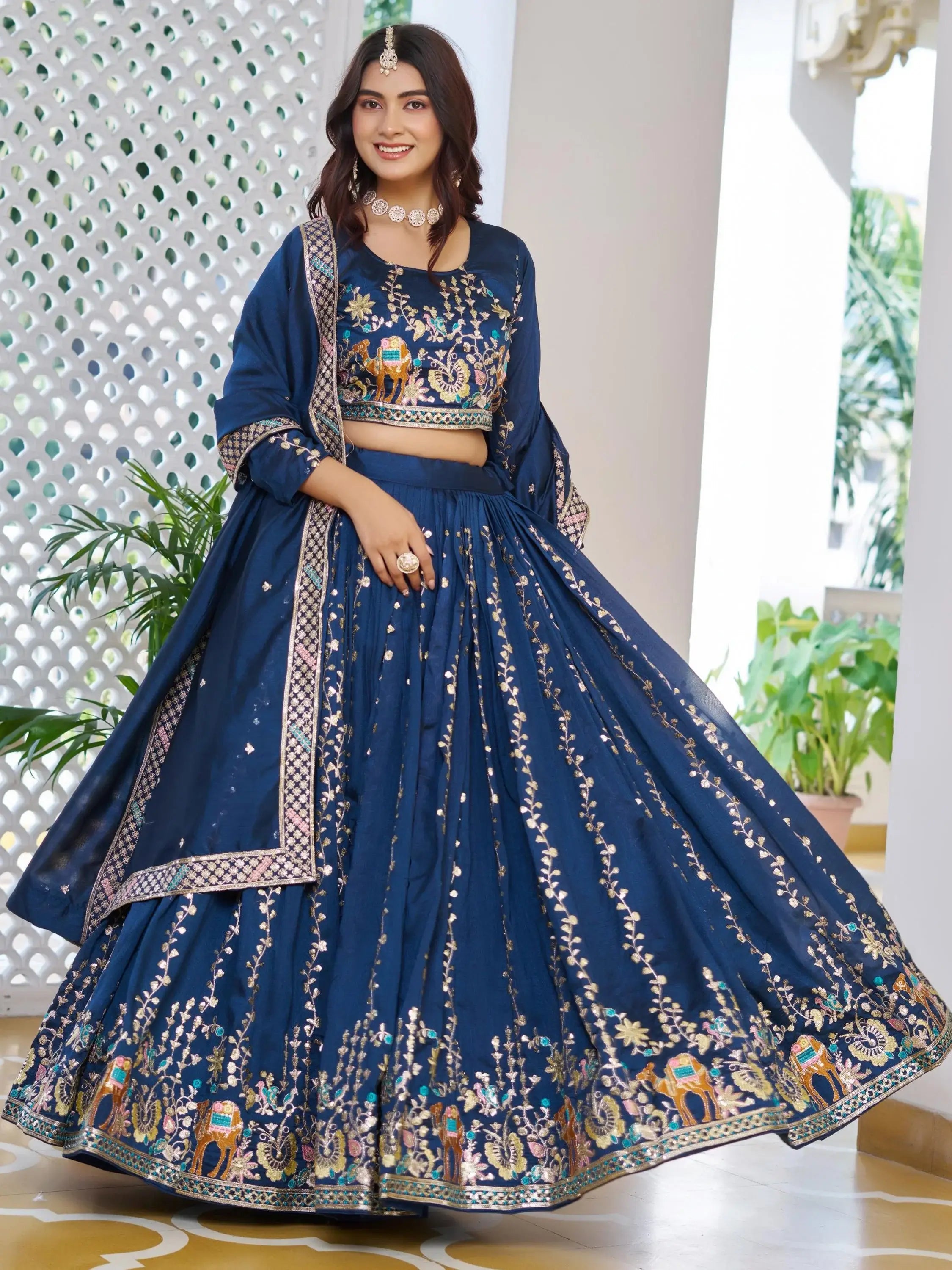 Charming Blue Embroidered Vichitra Silk Wedding Wear Lehenga Choli