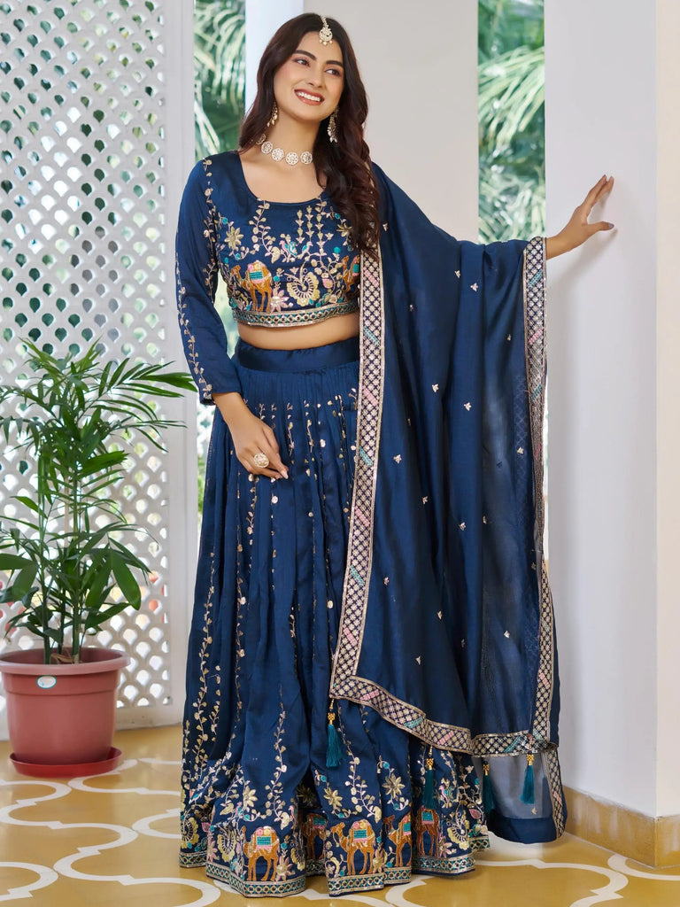 Charming Blue Embroidered Vichitra Silk Wedding Wear Lehenga Choli