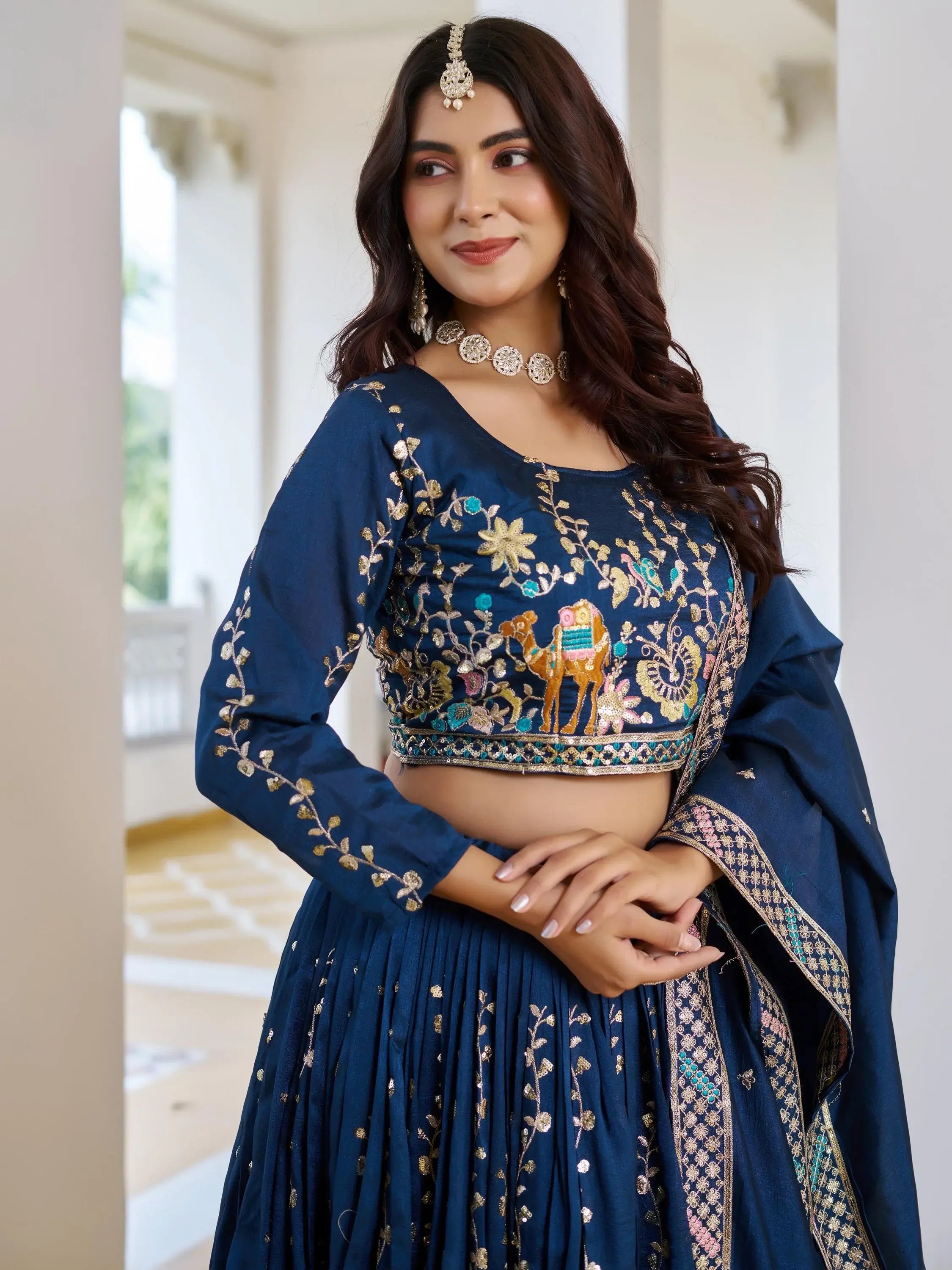 Charming Blue Embroidered Vichitra Silk Wedding Wear Lehenga Choli