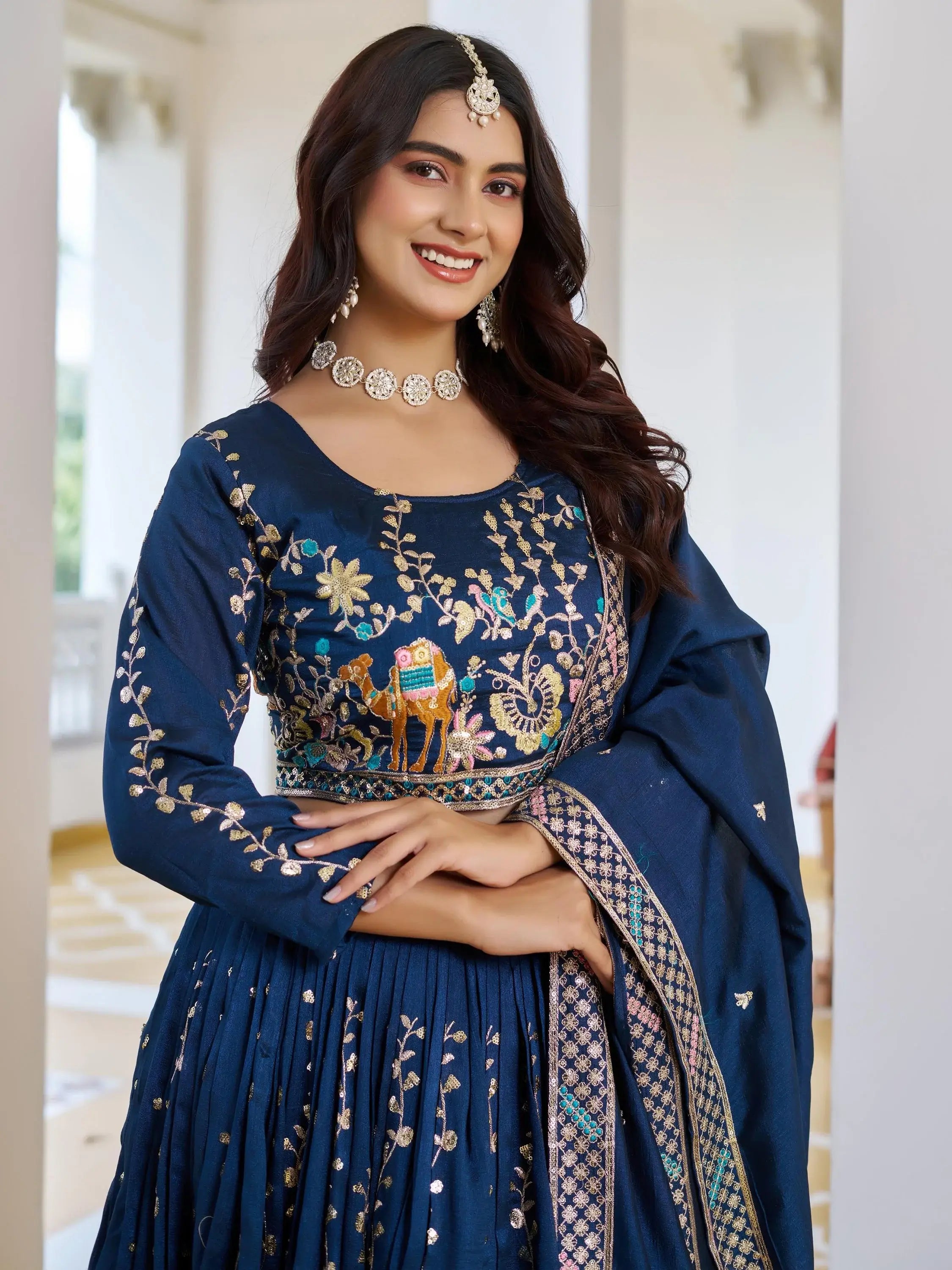 Charming Blue Embroidered Vichitra Silk Wedding Wear Lehenga Choli