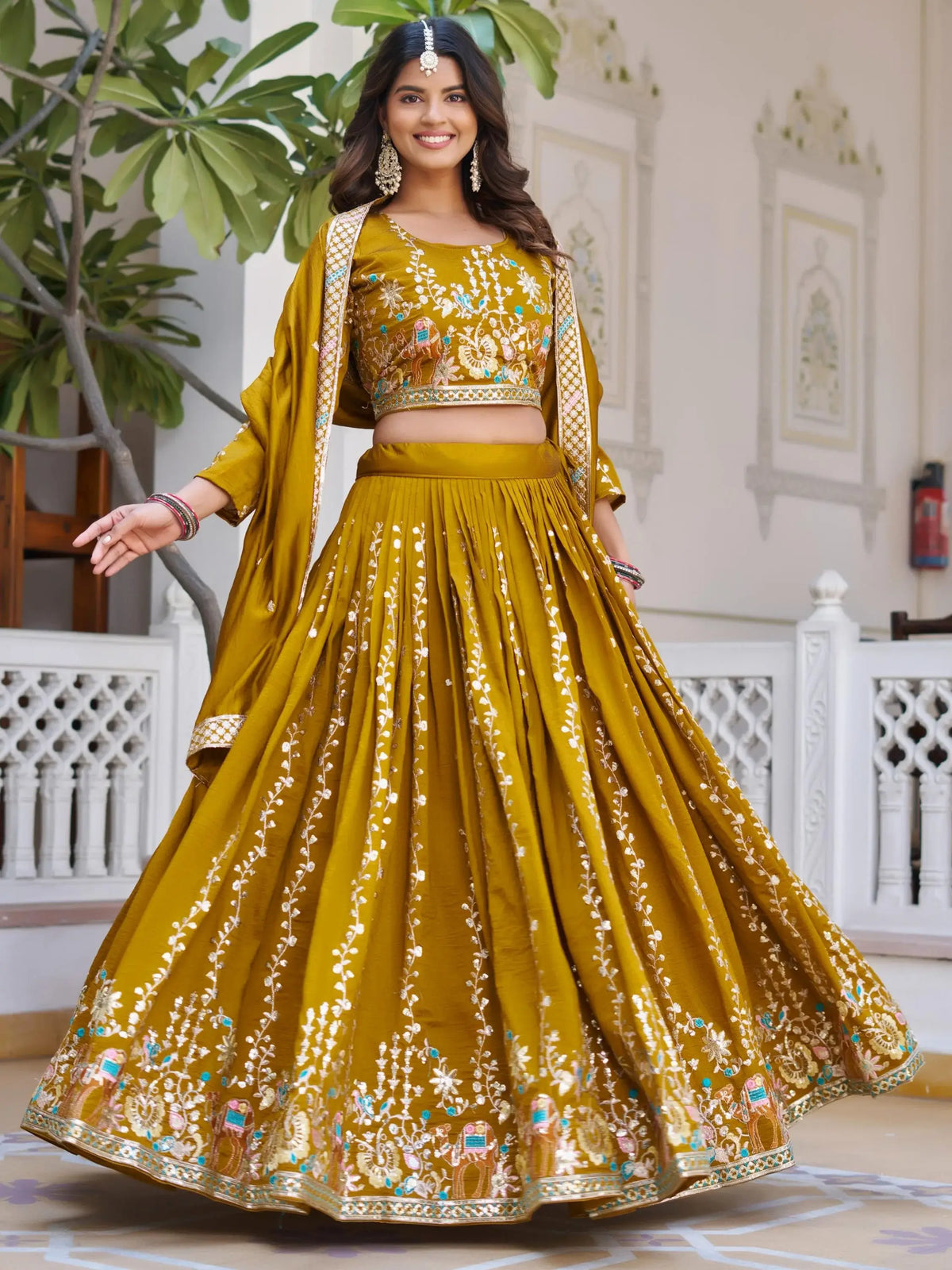 Dazzling Mustard Embroidered Vichitra Silk Festive Wear Lehenga Choli
