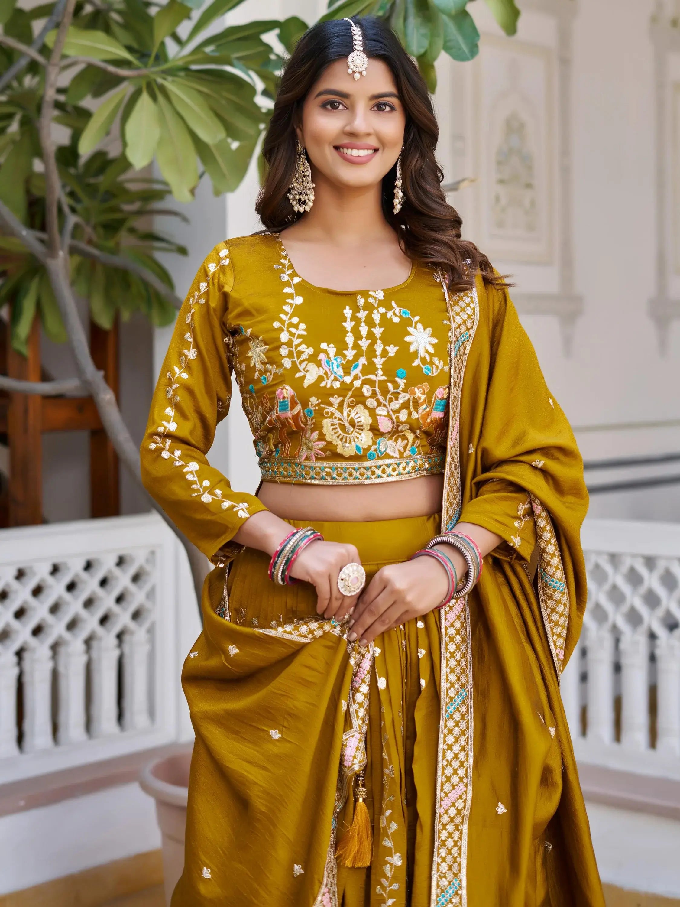Dazzling Mustard Embroidered Vichitra Silk Festive Wear Lehenga Choli