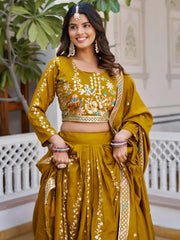 Dazzling Mustard Embroidered Vichitra Silk Festive Wear Lehenga Choli