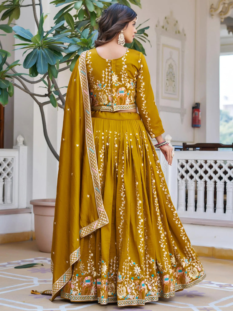 Dazzling Mustard Embroidered Vichitra Silk Festive Wear Lehenga Choli