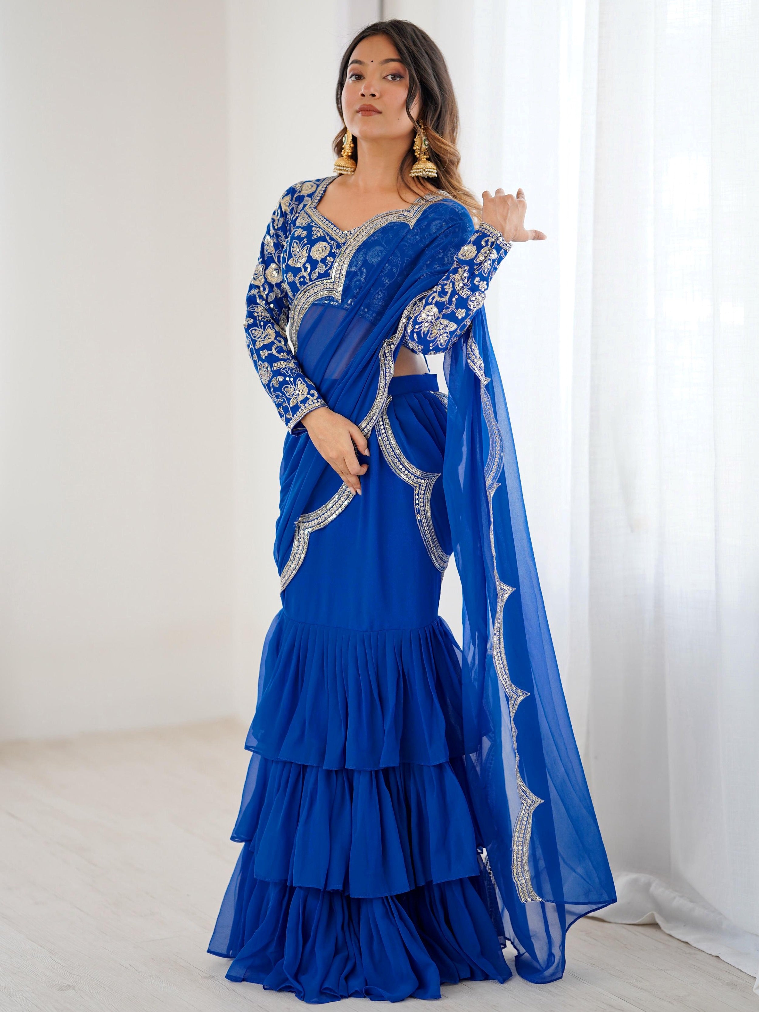 Gorgeous Blue Sequins Georgette Wedding Wear Lehenga Saree