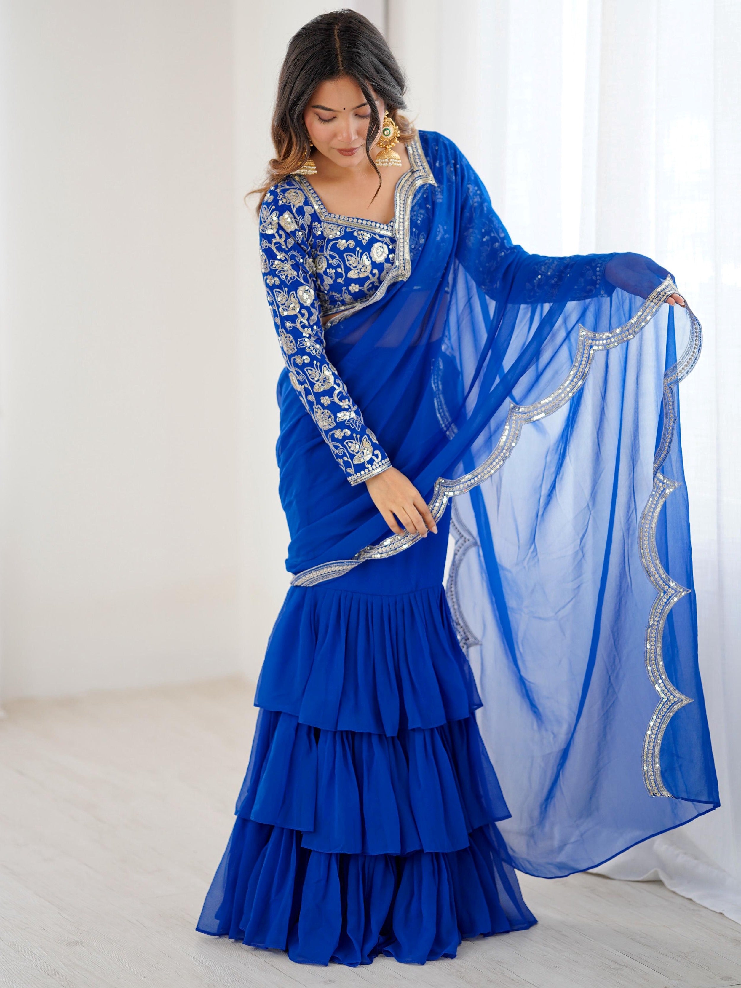 Gorgeous Blue Sequins Georgette Wedding Wear Lehenga Saree