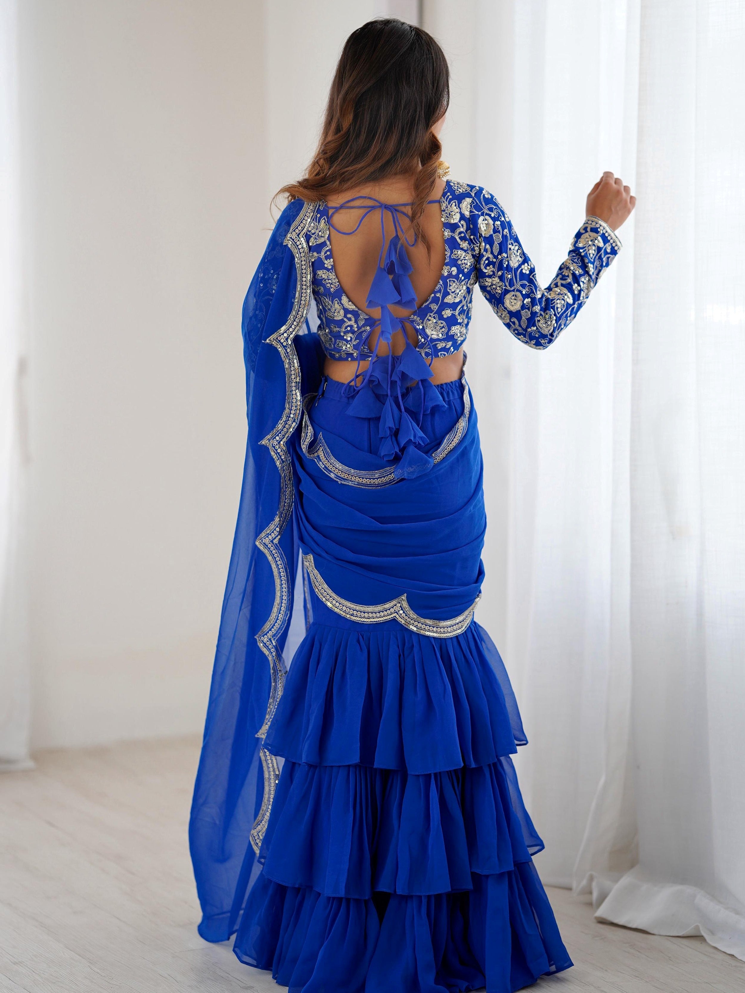 Gorgeous Blue Sequins Georgette Wedding Wear Lehenga Saree
