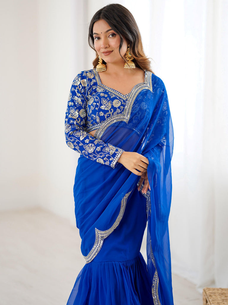 Gorgeous Blue Sequins Georgette Wedding Wear Lehenga Saree