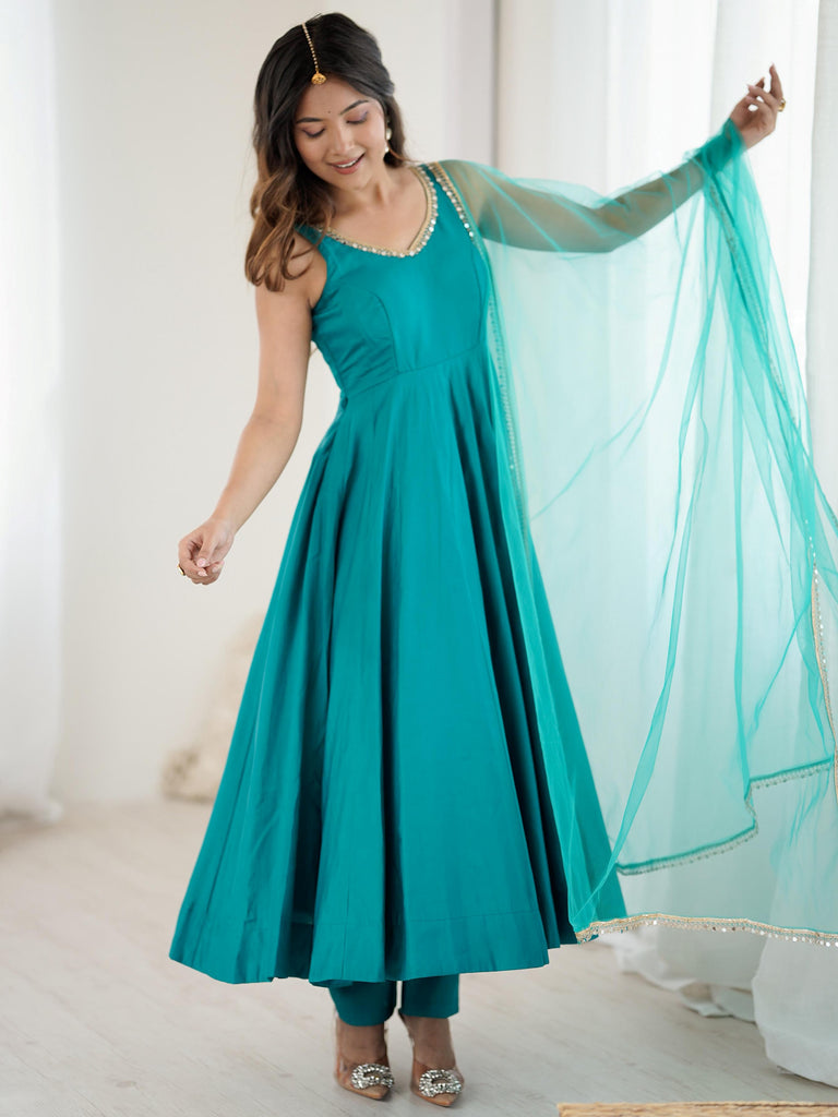 Dazzling Green Lace Work Silk Festive Wear Anarkali Suit