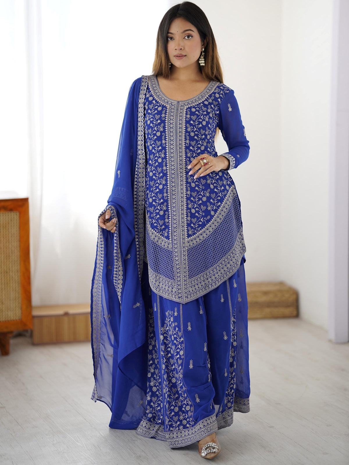 Graceful Blue Embroidered Georgette Festive Wear Palazzo Suit