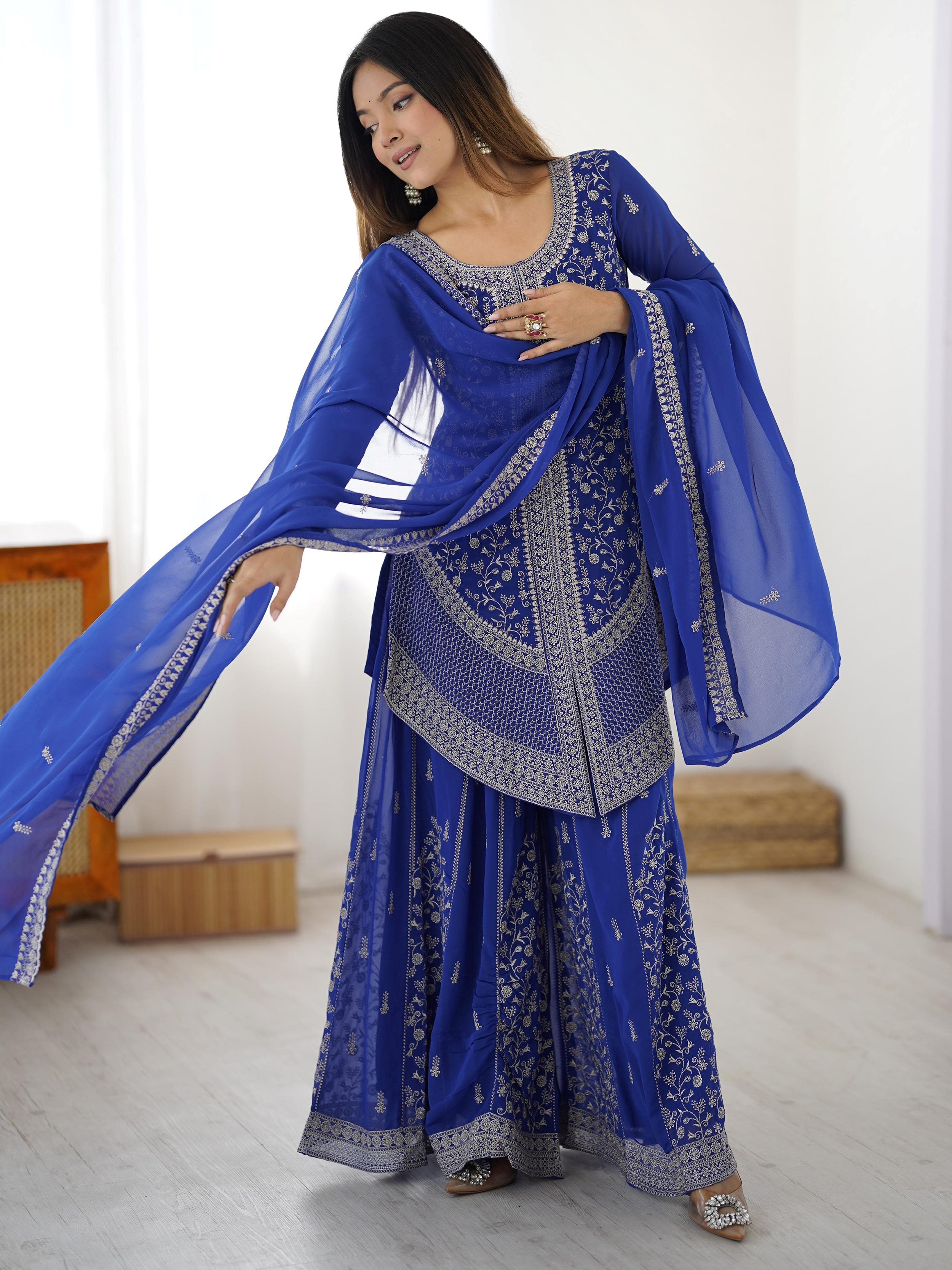 Graceful Blue Embroidered Georgette Festive Wear Palazzo Suit