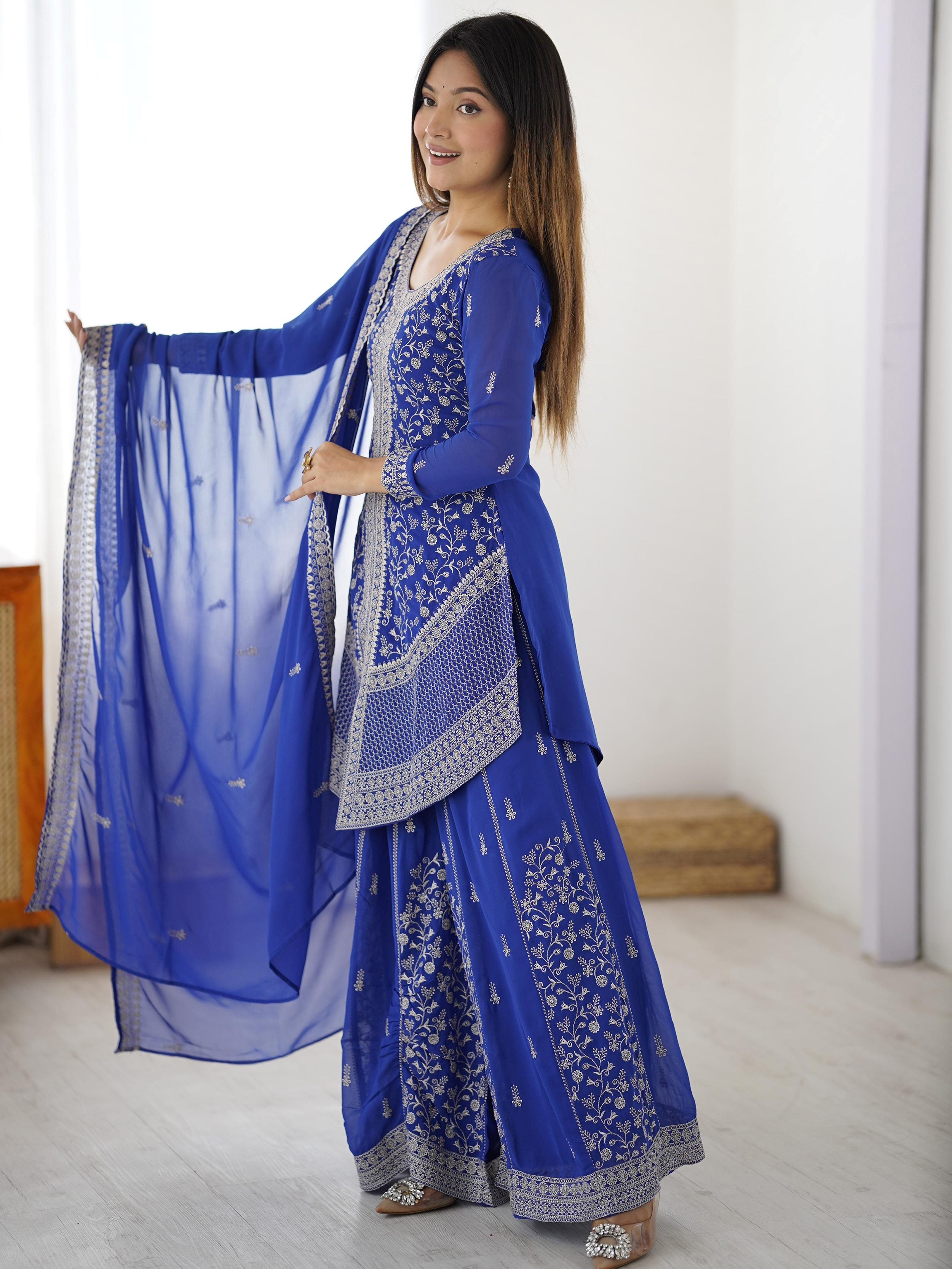 Graceful Blue Embroidered Georgette Festive Wear Palazzo Suit